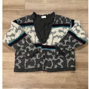 Allen Wah Vintage Lambswool Blend Lined Cardigan Sweater Grey Abstract XL USA
